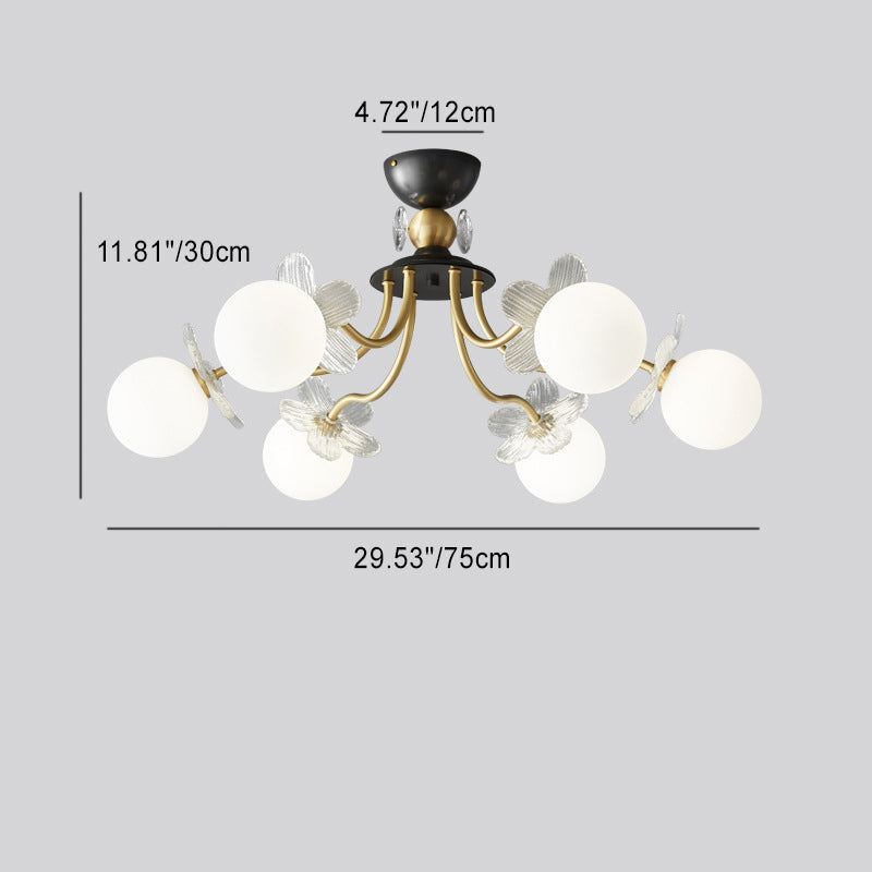 Contemporary Luxury Full Copper Petal Glass Shade 3/6/8-Light Semi-Flush Mount Ceiling Light For Living Room