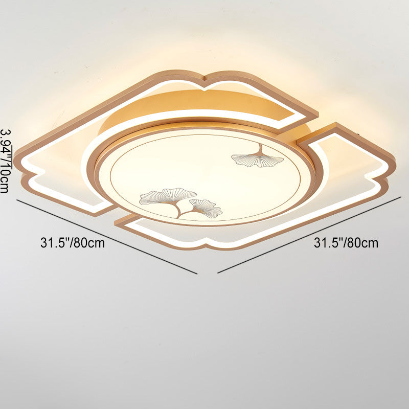 Traditioanl Chinese Iron Aluminum Acrylic Round Rectangular Square Ginkgo Leaf LED Semi-Flush Mount Ceiling Light For Living Room