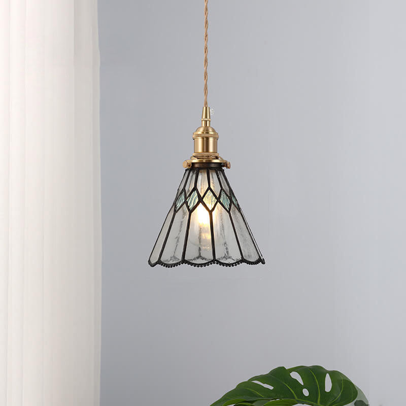 Japanese Vintage Brass Stained Glass Cone 1-Light Pendant Light