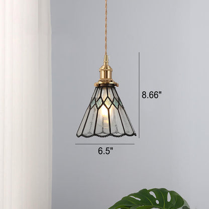 Japanese Vintage Brass Stained Glass Cone 1-Light Pendant Light