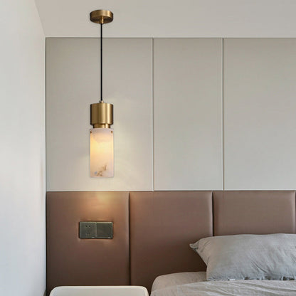 Traditional Chinese Copper Marble Cylinder 1-Light Pendant Light For Bedside