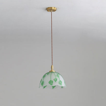 Traditional French Bowl Leaves Copper Glass 1-Light Pendant Light For Dining Room
