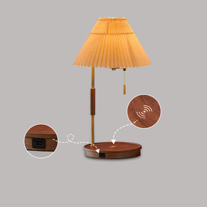Modern Pleated Shade Walnut Wood Round Base 1-Light Table Lamp