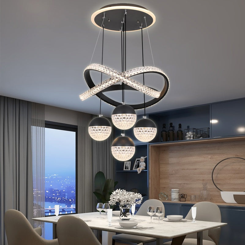 ثريا LED كروية من الأكريليك بتصميم شرائط ألومنيوم دوارة فاخرة حديثة لغرفة المعيشة 