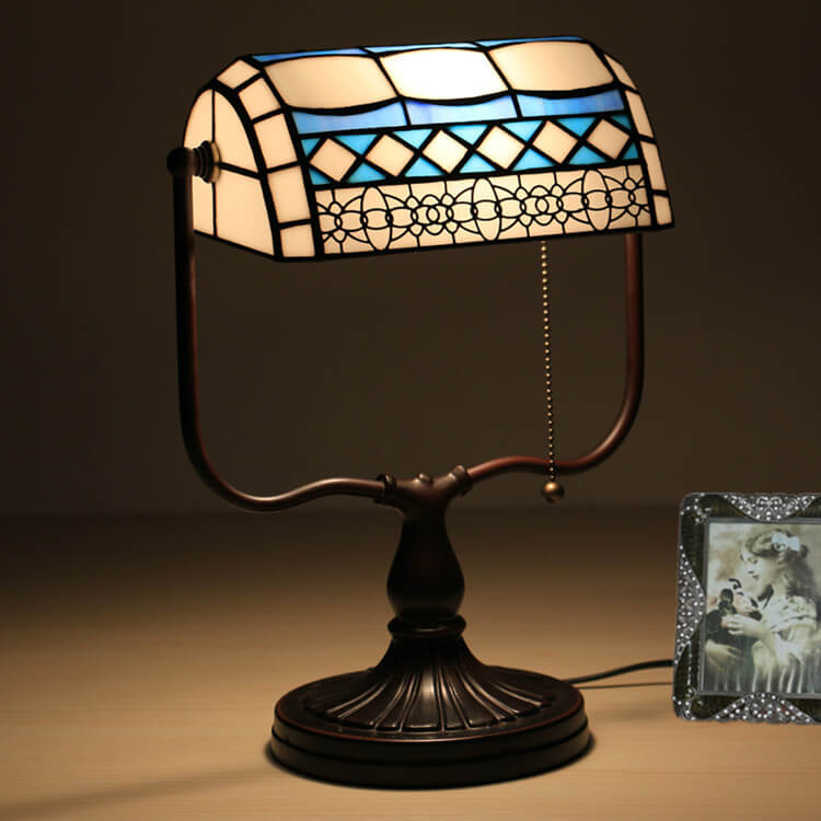 Traditional Tiffany Geometric Stained Glass Bank Pull Cord 1-Light Table Lamp For Home Office