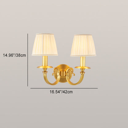 Modern Luxury Full Copper Frame Pleated Fabric Shade 1/2-Light Wall Sconce Lamp For Living Room