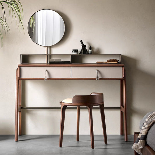 Traditional Vintage Round PU Leather Upholstered Wood Frame Vanity Stool Backless For Bedroom