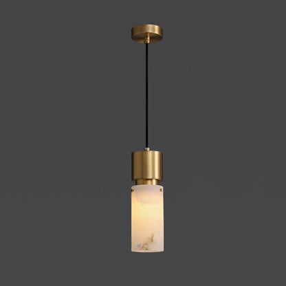 Traditional Chinese Copper Marble Cylinder 1-Light Pendant Light For Bedside