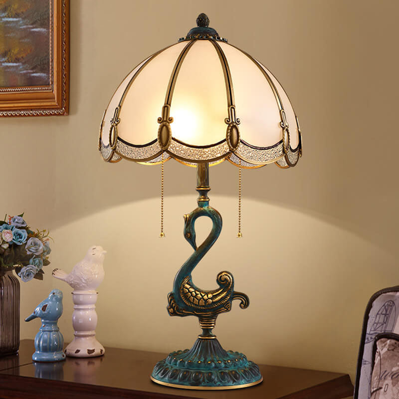 European Luxury Stained Glass Swan Base Copper 2-Light Table Lamp