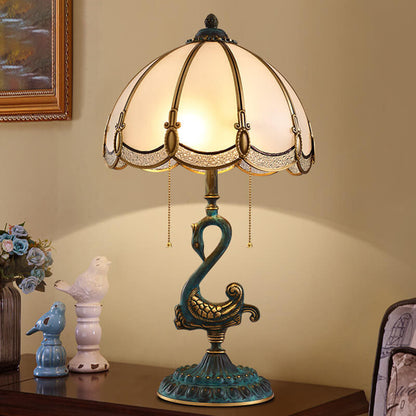 European Luxury Stained Glass Swan Base Copper 2-Light Table Lamp