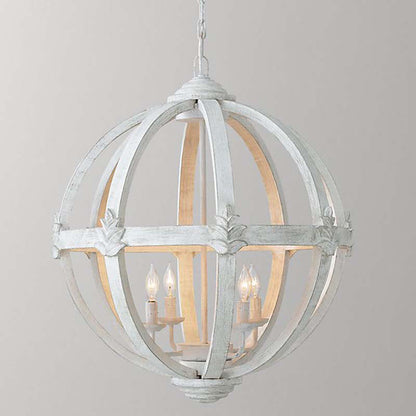 Traditional Vintage Solid Wood Iron Sphere Shade Candelabra 1-Light Pendant For Living Room