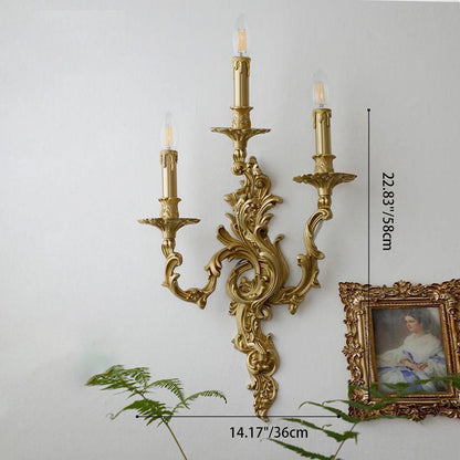 Traditional French Luxury Brass Candelabra Carved 2/3 Light Wall Sconce Lamp For Bedroom