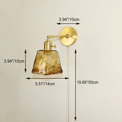 Traditional Vintage Brass Amber Square Glass Shade 1-Light Wall Sconce Lamp For Living Room
