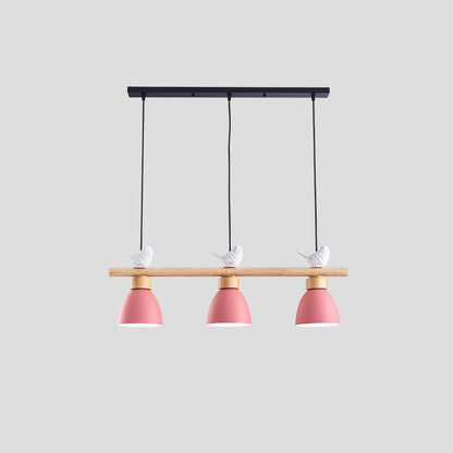 Contemporary Scandinavian Round Bird Iron Wood Resin 3-Light Island Light Chandelier For Dining Room