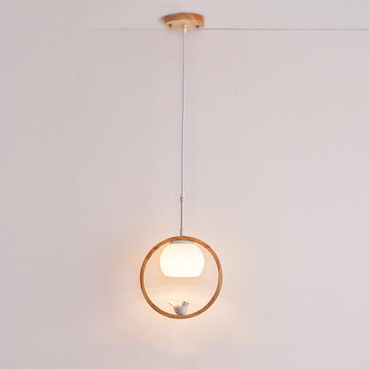 Nordic Minimalist Glass Wood Ring Bird Design 1-Light Pendant Light