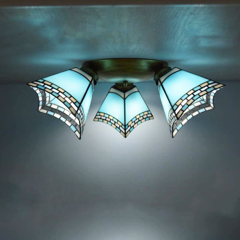 Tiffany Light Luxury Stained Glass Horn 3-Light Semi-Flush Mount Lighting