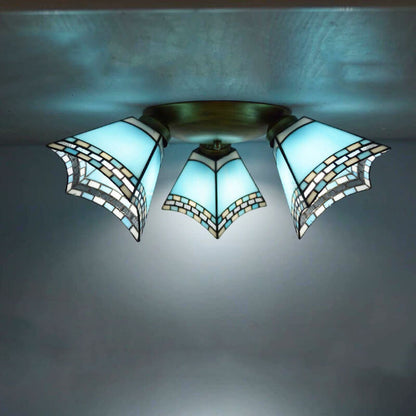Tiffany Light Luxury Stained Glass Horn 3-Light Semi-Flush Mount Lighting