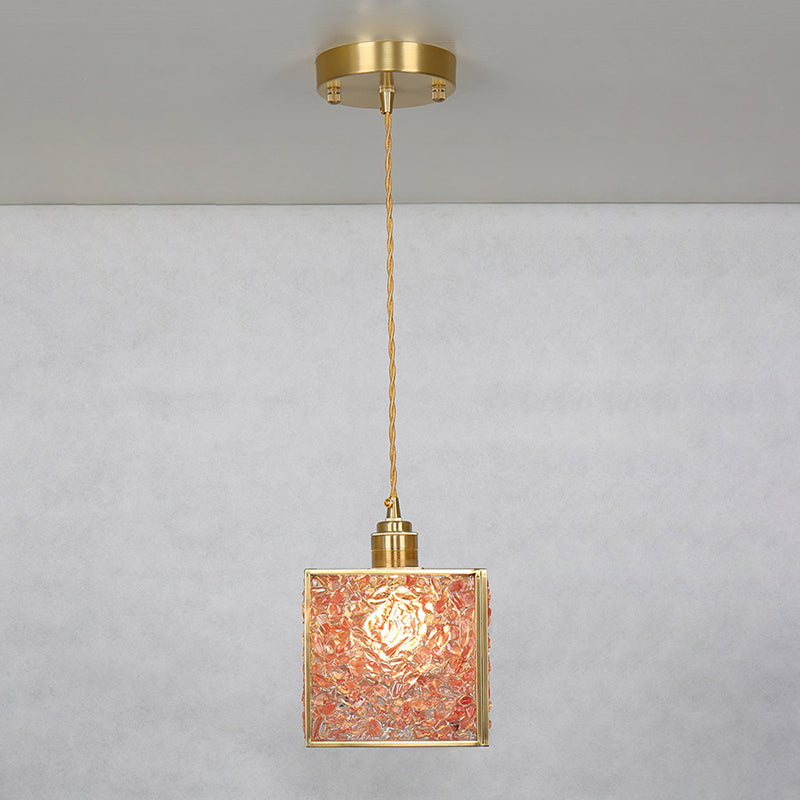 Modern Luxury Square Cube Gold Copper Frame Glass Shade 1-Light Pendant Light For Living Room