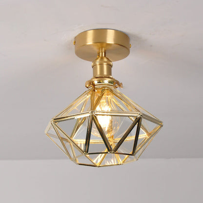 Modern Brass Glass Diamond 1-Light Semi-Flush Mount Ceiling Light