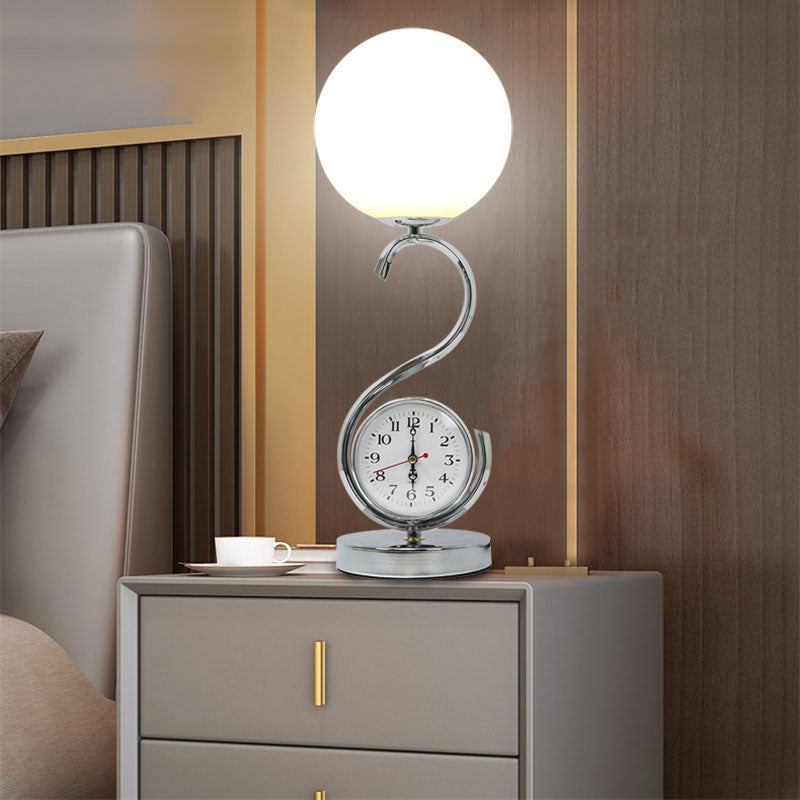 Contemporary Creative Orb Clock Iron Glass 1-Light Table Lamp For Bedroom