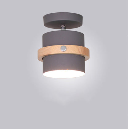 Contemporary Nordic Round Cylinder Iron Wood 1-Light Semi-Flush Mount Ceiling Light For Hallway