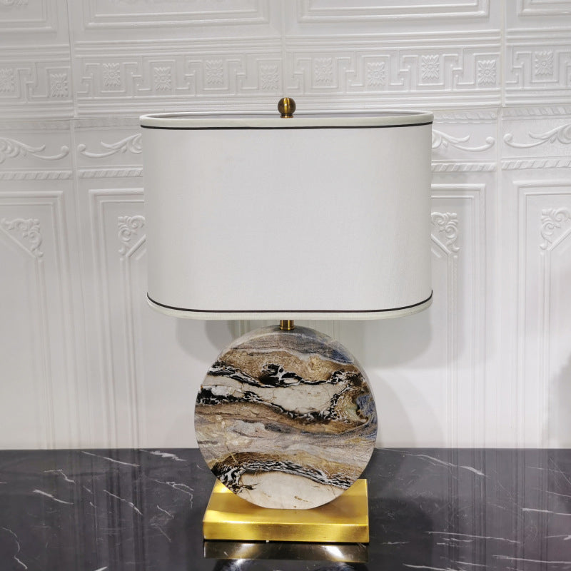 Traditional Chinese Round Rectangular Marble Fabric Metal Base 1-Light Table Lamp For Living Room