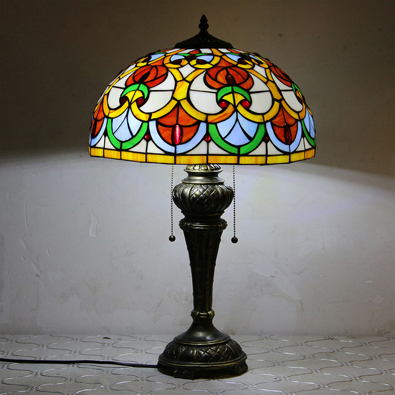 Traditional Tiffany Resin Glass Dome Hemispheric Flower 2-Light Table Lamp For Bedside