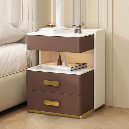 Contemporary Luxury Rectangular Rock Slab Solid Wood Microfiber Leather Nightstand 2-Drawer For Bedroom