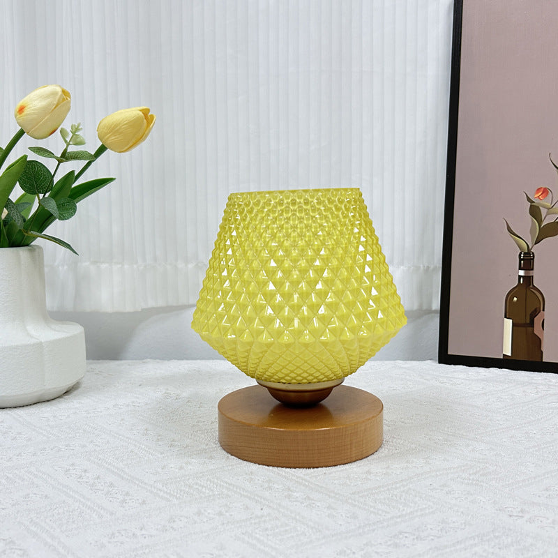 Contemporary Creative Wood Glass Tapered Ribbed Pattern 1-Light Table Lamp For Bedside
