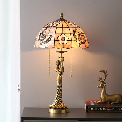 Tiffany Copper Goddess Statue Base Shell Decoration 2-Light Table Lamp