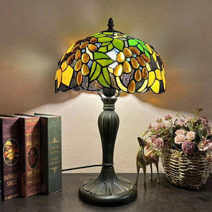Traditional Tiffany Metal Glass Dome Grape Flower Dragonfly Butterfly 1-Light Table Lamp For Bedside