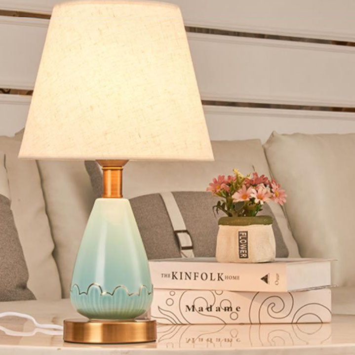 Nordic Light Luxury Fabric Cone Ceramic Base 1-Light Table Lamp