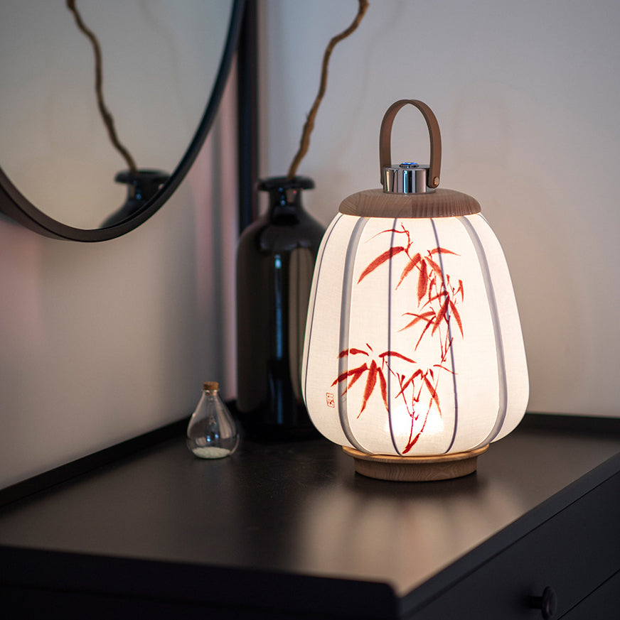 Traditional Chinese Leather Wood Stainless Steel Fabric Flower Bamboo Leaf Rechargeable LED Hanging Table Lamp For Bedside