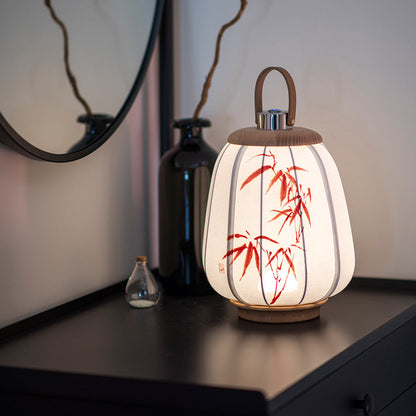 Traditional Chinese Leather Wood Stainless Steel Fabric Flower Bamboo Leaf Rechargeable LED Hanging Table Lamp For Bedside