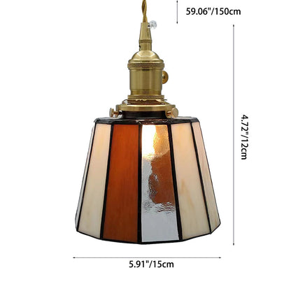 Traditional Vintage Brass Glass Cylinder Quadripartite Horn Lattice 1-Light Pendant Light For Dining Room