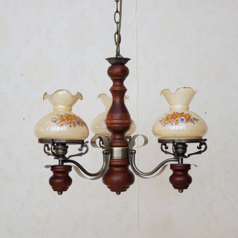 Traditional Rustic Candelabra Round Flower Iron Solid Wood 3-Light Chandelier For Living Room