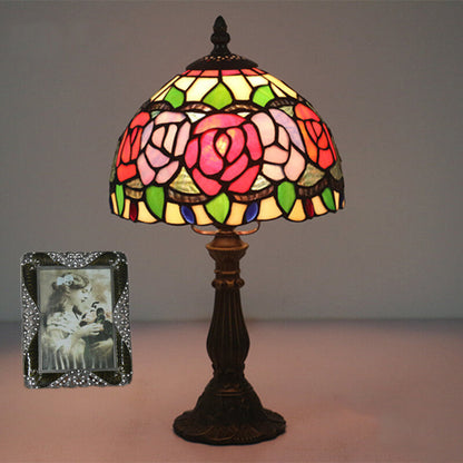Retro Tiffany Flowering Rose Stained Glass 1-Light Table Lamp