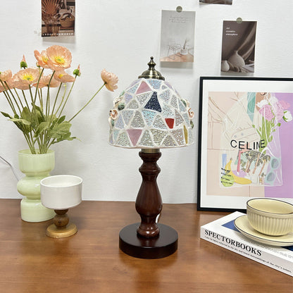Traditional Vintage Wood Glass Hemispheroid Shell Lozenge 1-Light Table Lamp For Bedside
