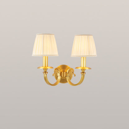 Modern Luxury Full Copper Frame Pleated Fabric Shade 1/2-Light Wall Sconce Lamp For Living Room