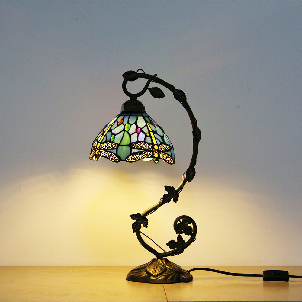 European Tiffany Dragonfly Stained Glass Vine 1-Light Table Lamp