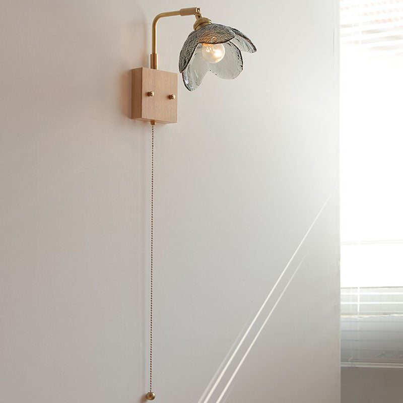 Traditional Japanese Wood Brass Glass Flower Hemispheric Pull Cord 1-Light Wall Sconce Lamp For Bedside