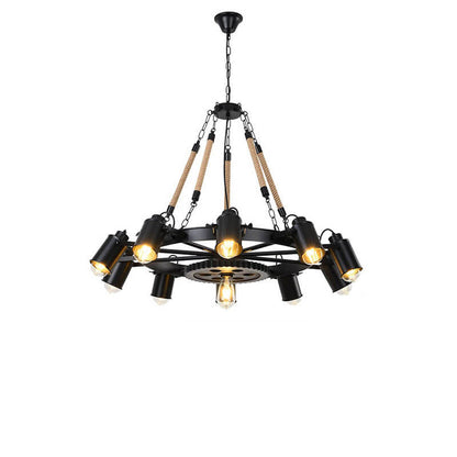 Industrial Retro Gear Wrought Ion Hemp Rope 6/8/10-Light Chandelier
