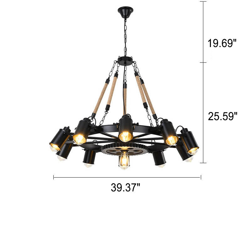 Industrial Retro Gear Wrought Ion Hemp Rope 6/8/10-Light Chandelier