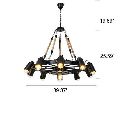 Industrial Retro Gear Wrought Ion Hemp Rope 6/8/10-Light Chandelier
