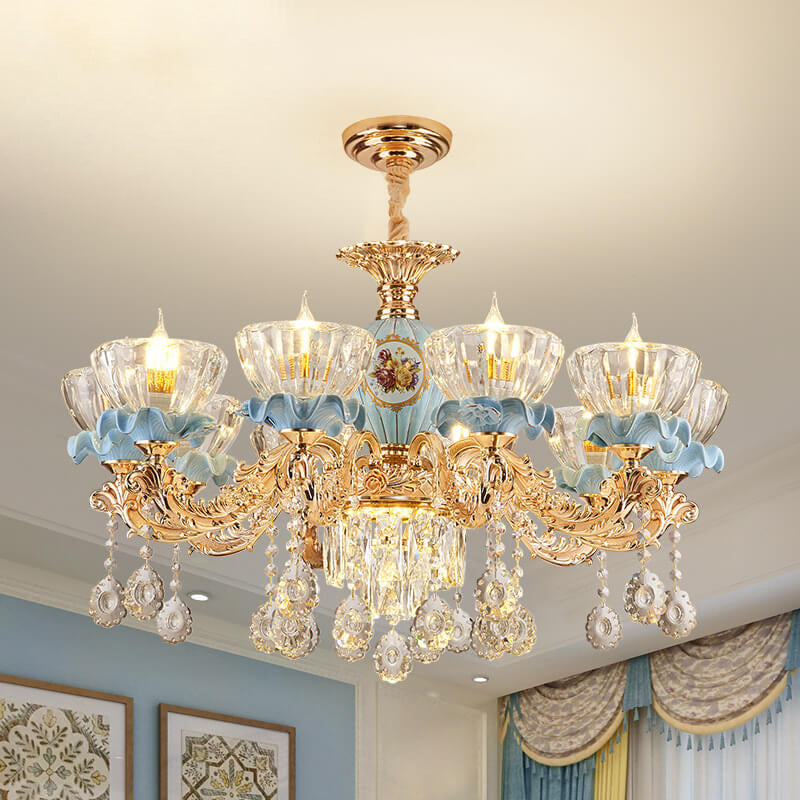Traditional European Flower Candelabra Zinc Alloy Crystal Glass Ceramic 6/8/10/12 Light Chandelier For Living Room