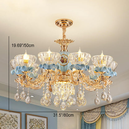 Traditional European Flower Candelabra Zinc Alloy Crystal Glass Ceramic 6/8/10/12 Light Chandelier For Living Room