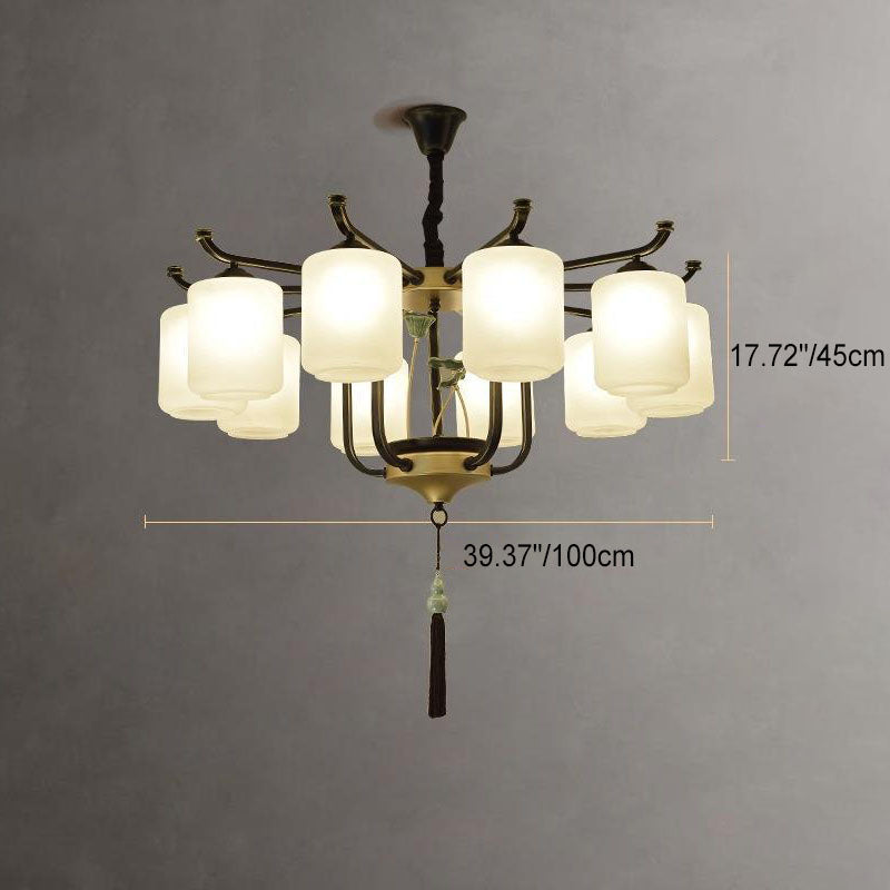 Traditional Chinese Iron Frame Cylinder Glass Shade 6/8/10/12-Light Chandelier For Living Room