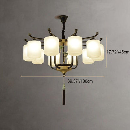 Traditional Chinese Iron Frame Cylinder Glass Shade 6/8/10/12-Light Chandelier For Living Room