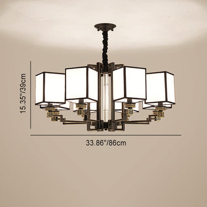 Traditional Chinese Iron Fabric Cubic Rectangular 3/6/8/10/12 Light Chandeliers For Living Room
