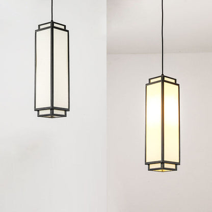 Traditional Chinese Rectangle Iron Fabric 1-Light Pendant Light For Living Room